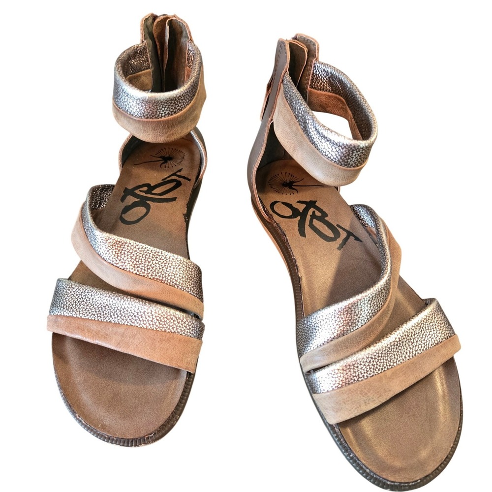 OTBT Leather Sandals Womens Ankle Strap Metallic Boho Comfort Flat Silver 8½ - Picture 3 of 9